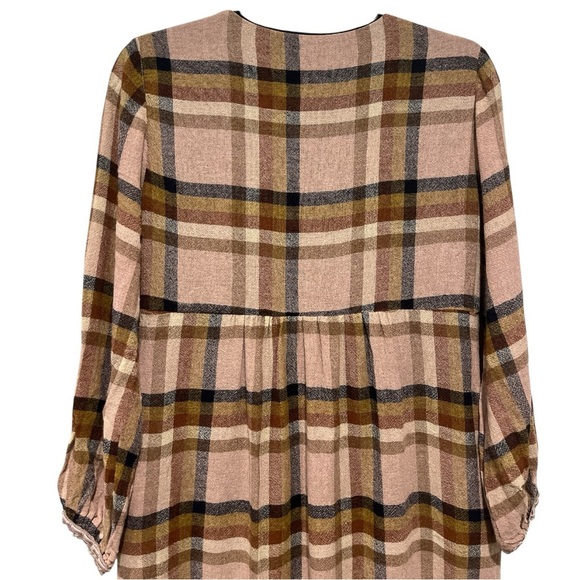 ZARA Check Tartan Plaid Print Pocket V-Neck Midi Dress Small Brown Blue - Picture 8 of 12